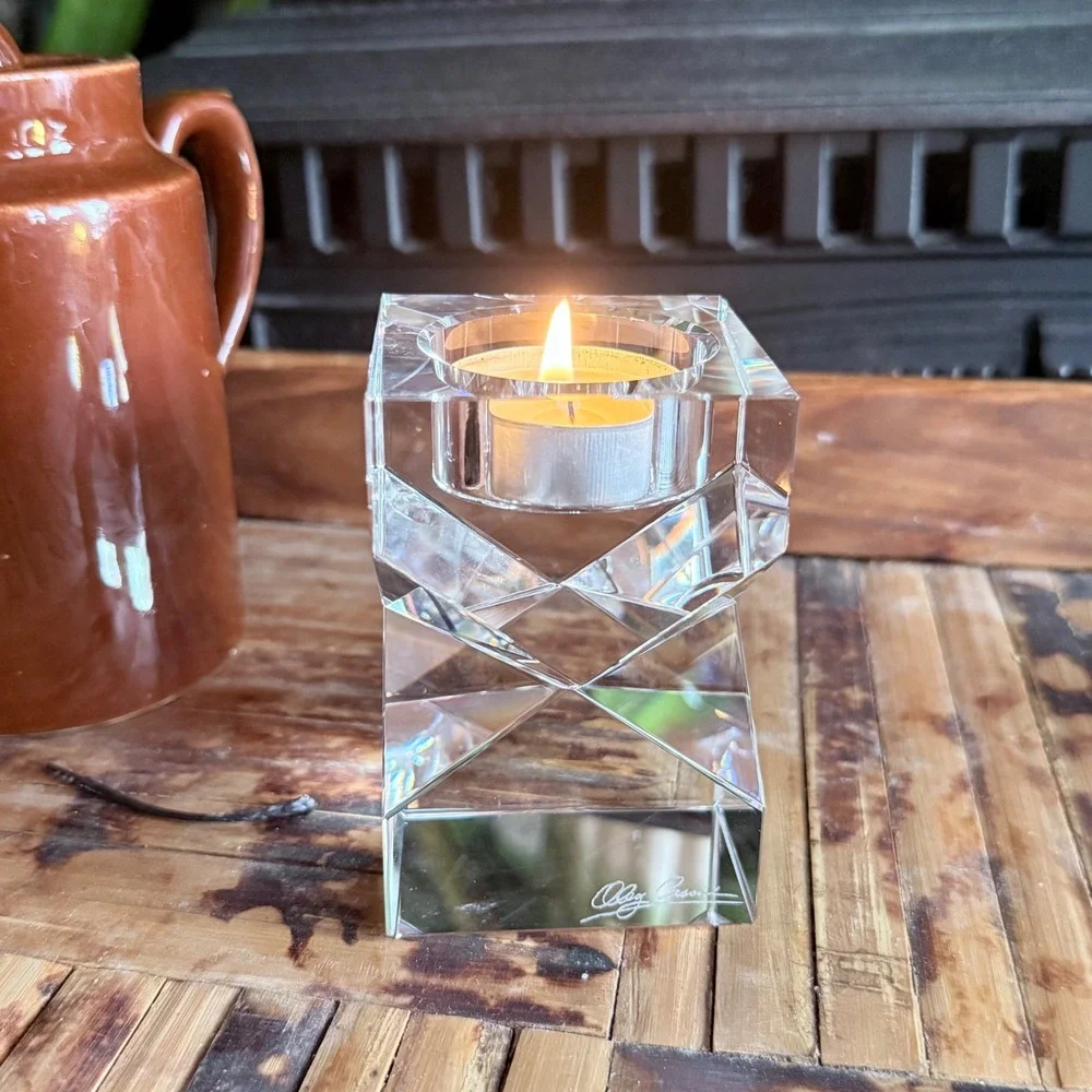 Oleg Cassini Crystal Geometric Votive Tealight Candle Holder - Signed Art Glass